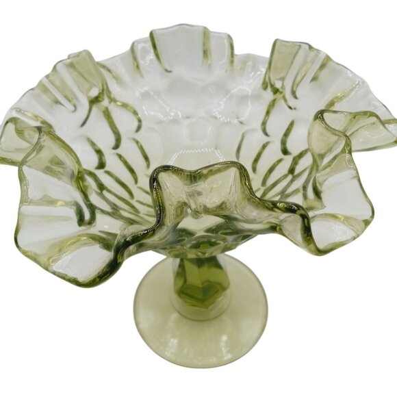 Vintage Fenton Glass Candy Dish Pedestal Green Thumbprint Ruffle Rim Compote 6" - Picture 4 of 15